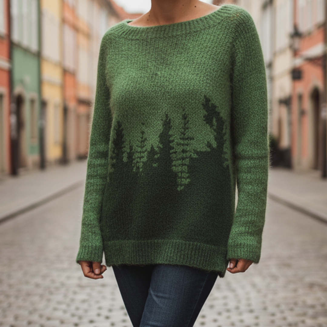 Emerald Green Women's Sweater with Forest Print
