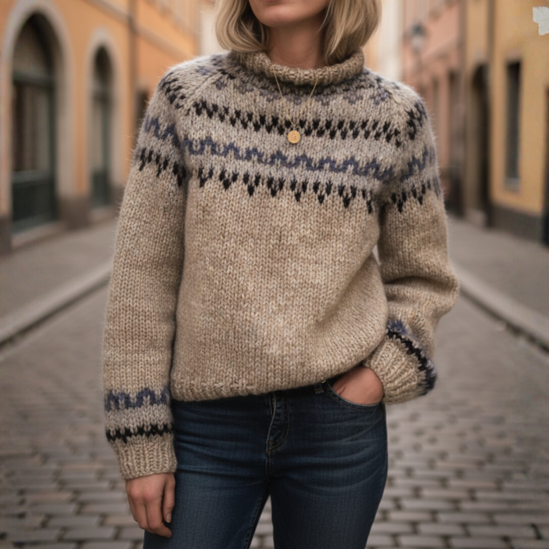 Women's Gray Sweater with Floral Fair Isle Pattern