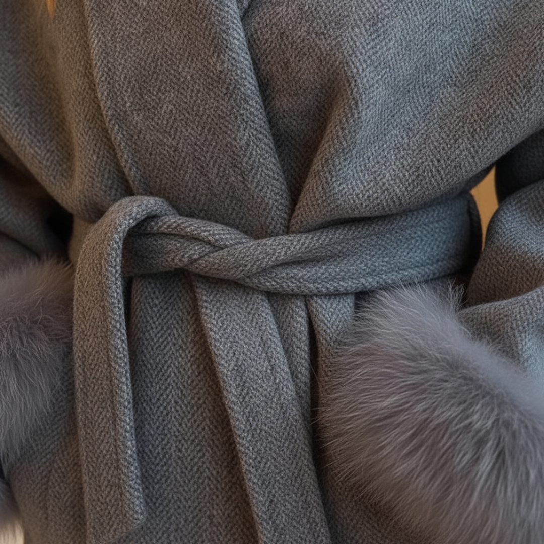 Women's High-Quality Grey Coat with Faux Fur Trim and Cuffs