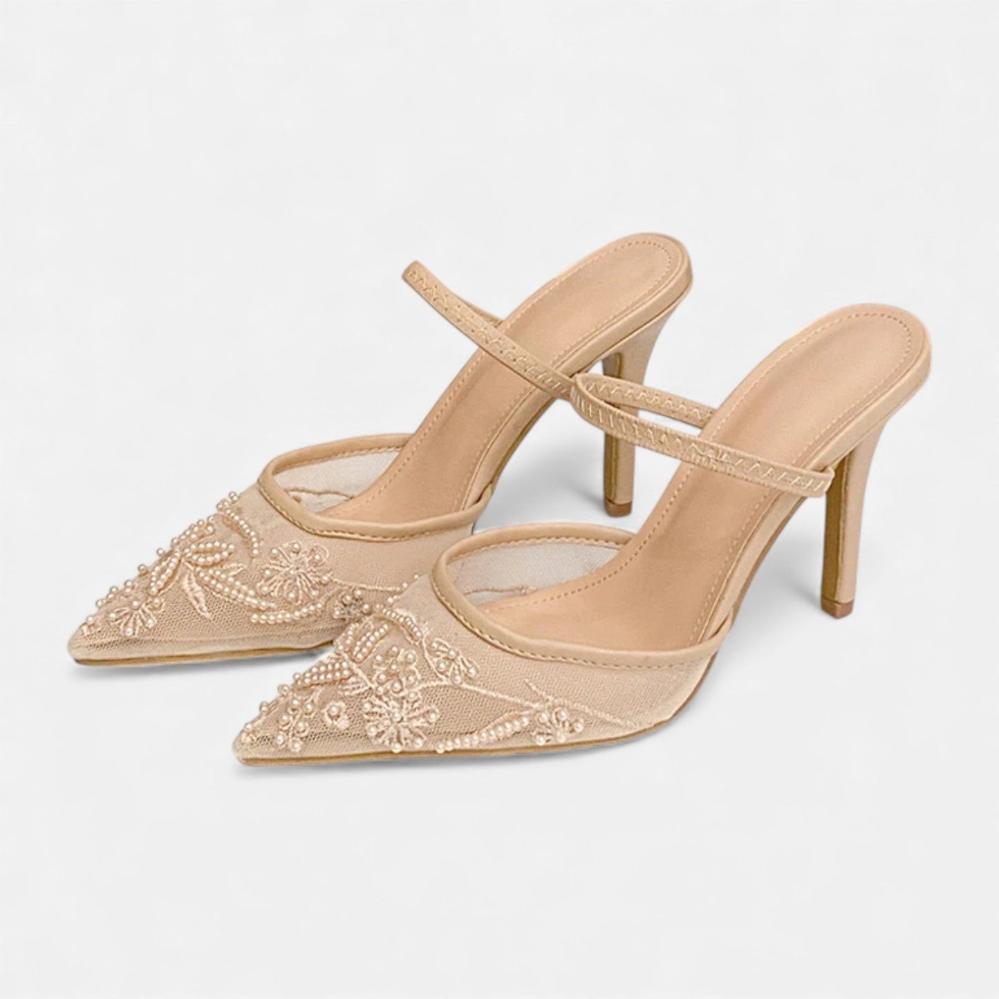 Women's Embroidered Mesh Pointed Toe Slip-On Stiletto Heels