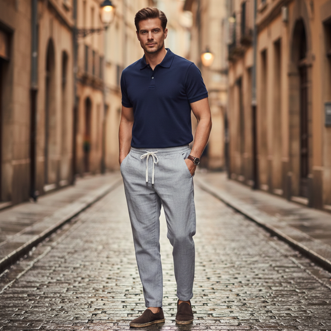 Men's Linen Pants with Drawstring and Elastic Waist Straight Leg