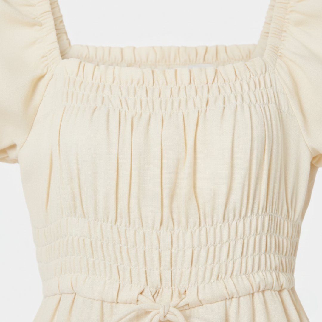 Women's Midi Dress with Square Neckline, Puff Sleeves, Cream Cotton