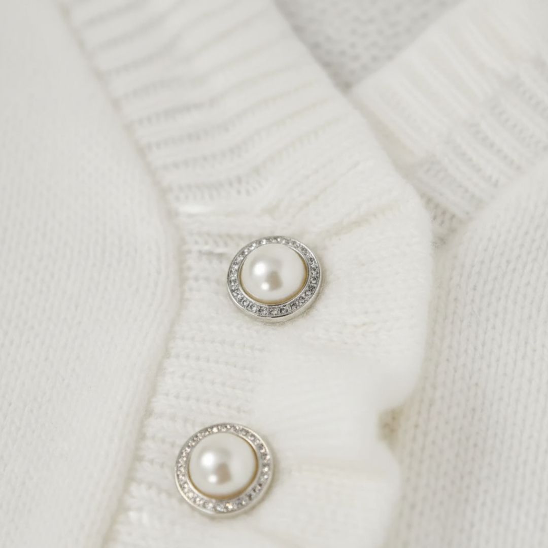 White Women's Sweater with Ruffles and Pearls