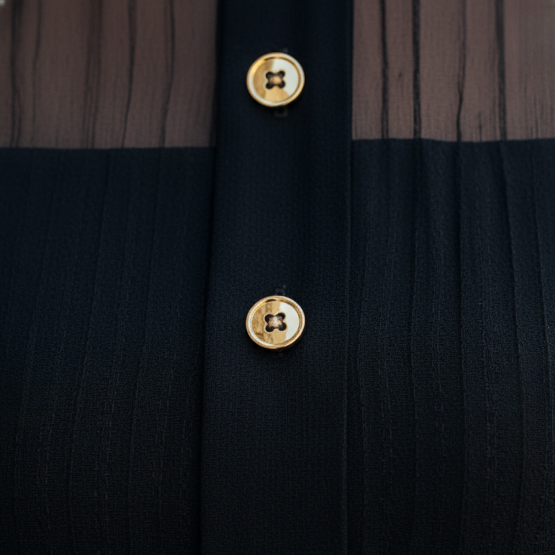 Women's Black Dress with High Collar and Pleats, Elegant Fabric