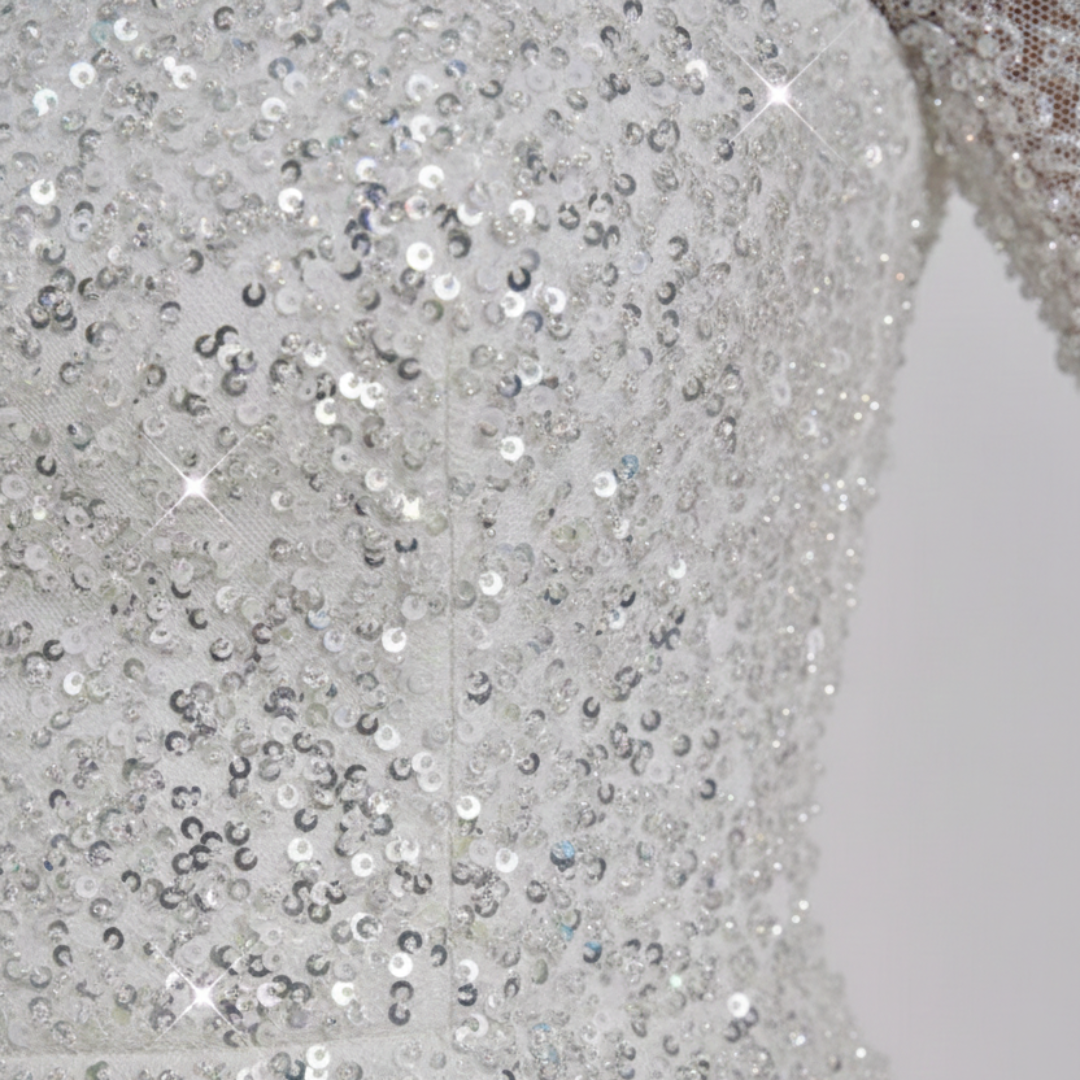 Mini Dress for Women Sparkling Long Sleeves White Silver