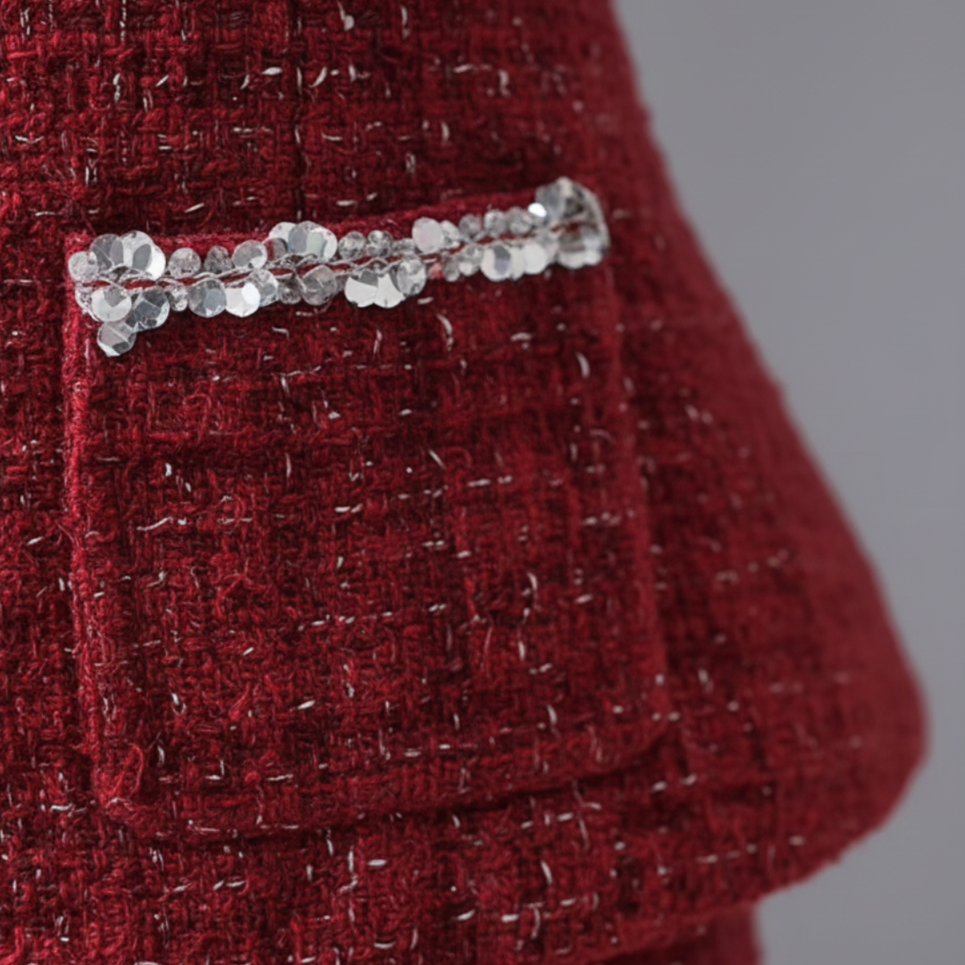 Women's Complete Tweed Two-Piece Suit with Lace and Red Buttons