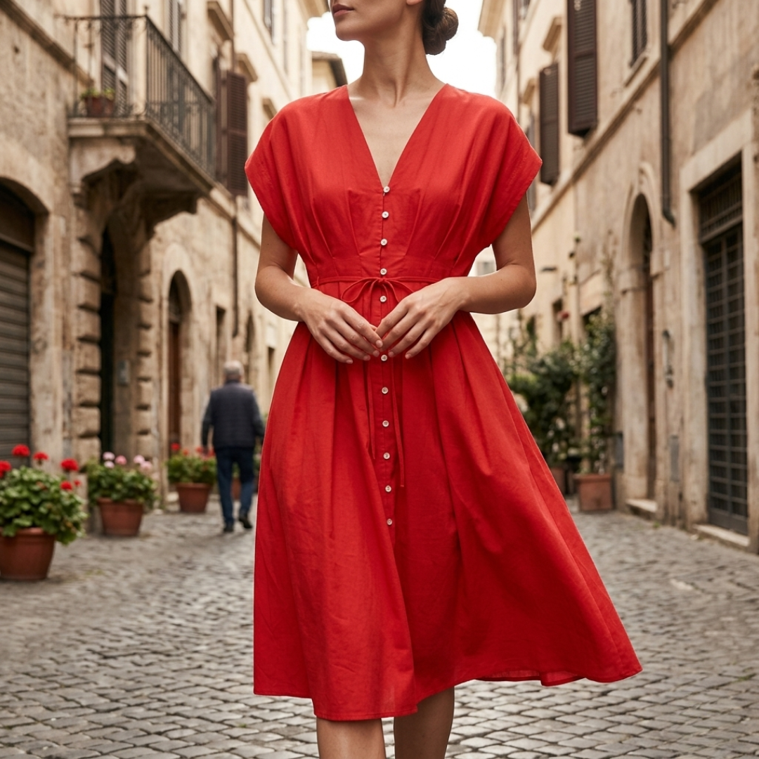 Women's Long Draped Dress with V-Neck and Short Sleeves
