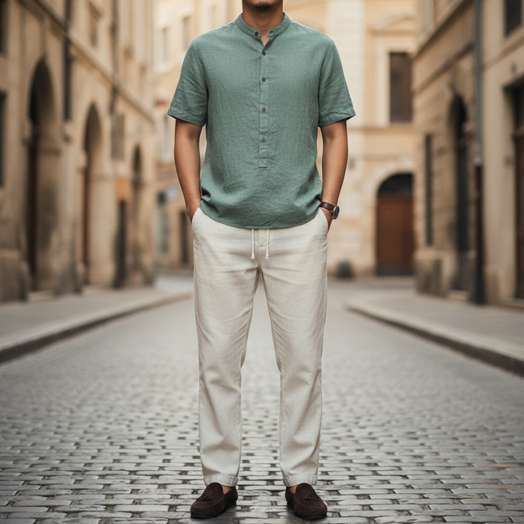 Men's Linen Shirt Set with Mandarin Collar and Short Sleeves Slim Fit