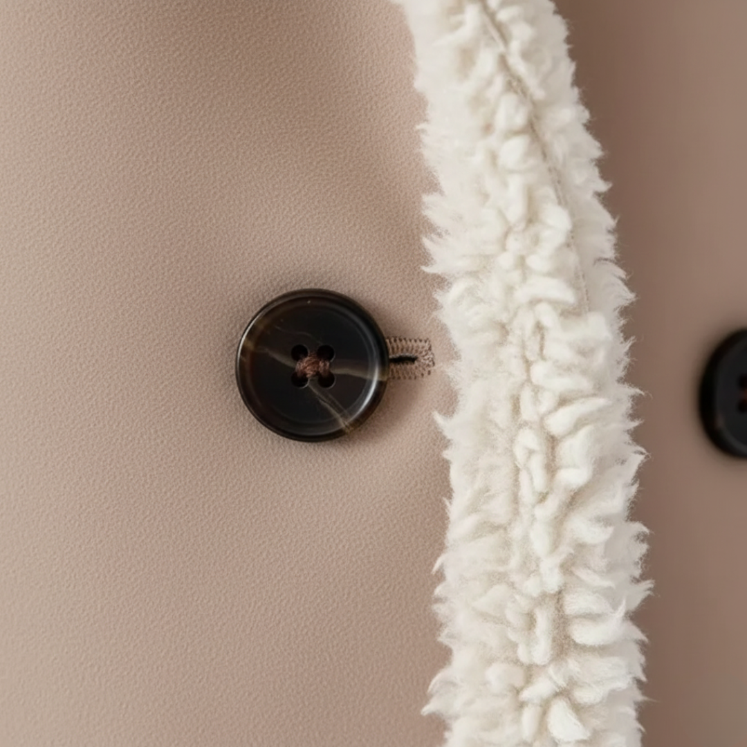 Women's Synthetic Leather Coat with Fur Collar and Buttons