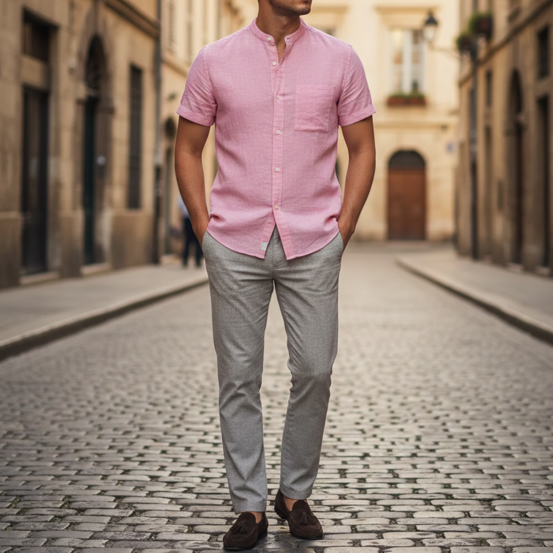 Men's Linen Short Sleeve Slim Fit Korean Collar Shirt