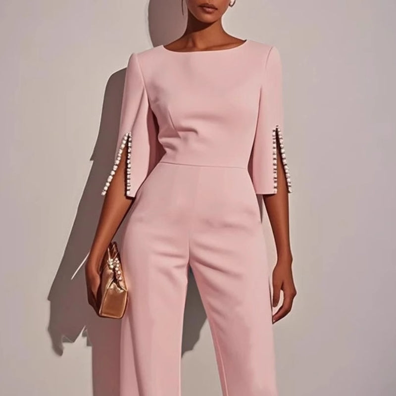 Women's Velvet Jumpsuit Wide Leg Pearl Detail Three Quarter Sleeves