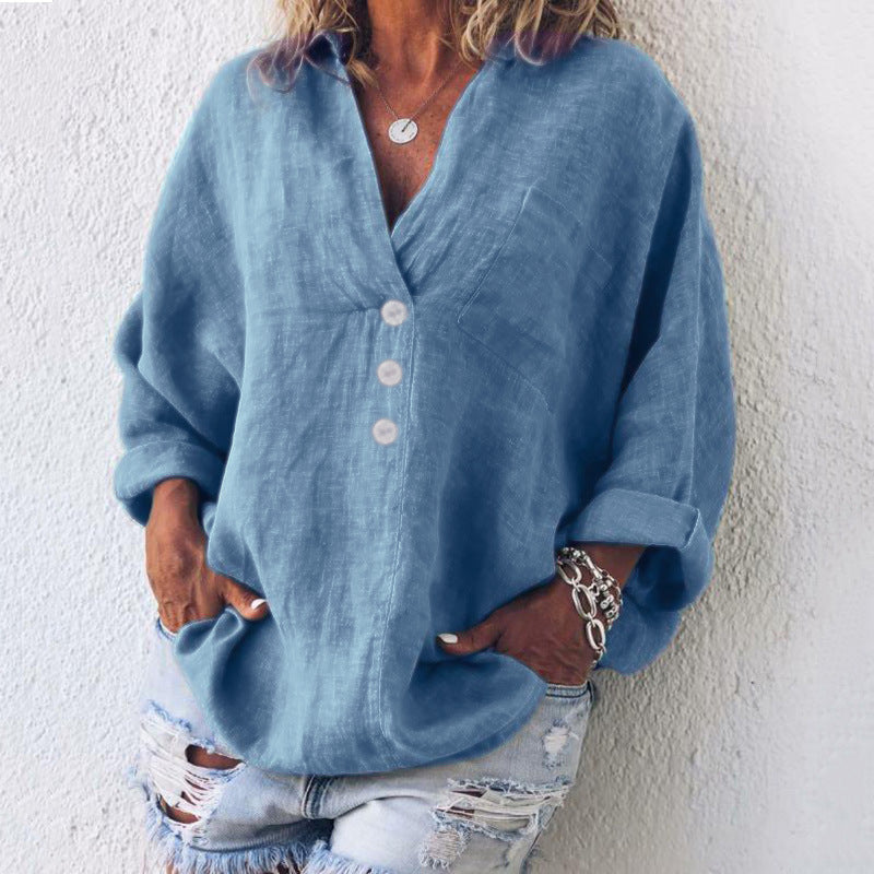 Women's V-Neck Oversized Top Long Sleeve Button