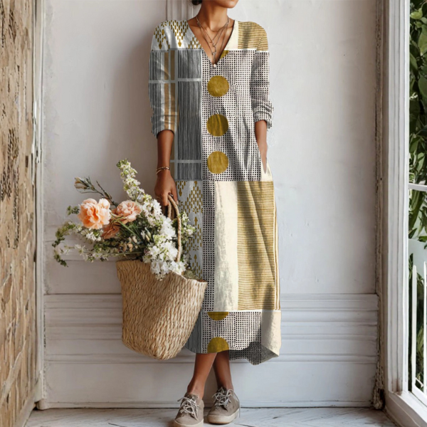 Women's Long Sleeve Printed Patchwork Midi Casual Boho Dress