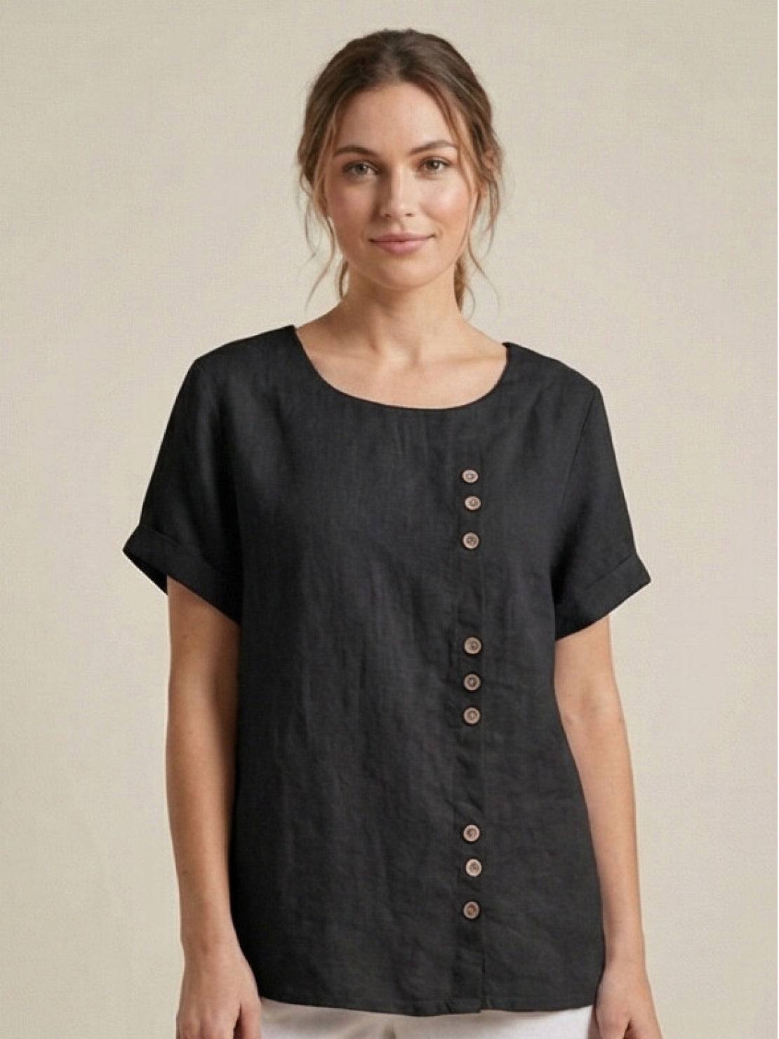 Women's Casual Scoop Neck Button Detail Short Sleeve Top