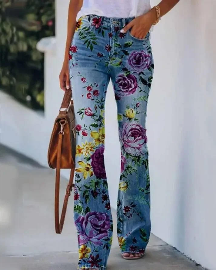Meadow | Women's Floral Print High Waist Flare Jeans 8