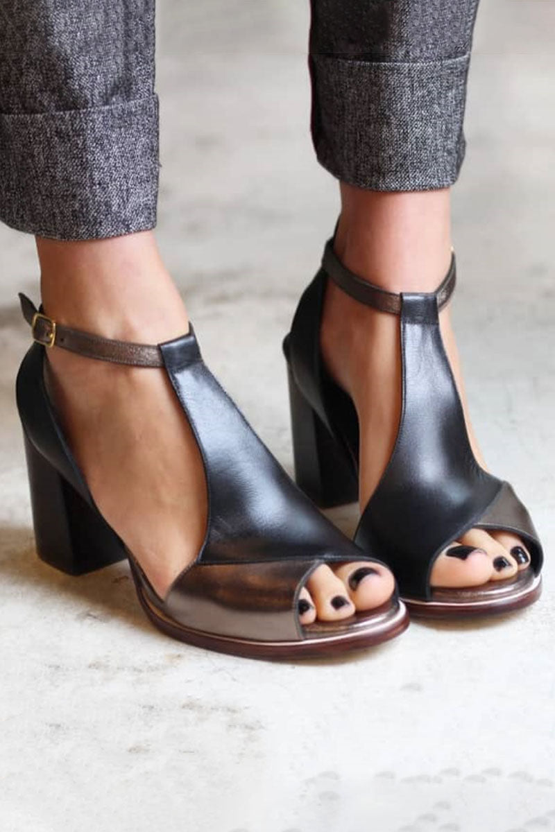 Nadaria™ | Black Patchwork Peep Toe Heels 1