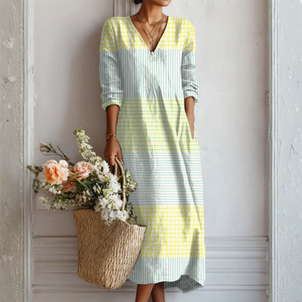 Women's Cotton Patchwork Striped V-Neck Long Sleeve Midi Dress