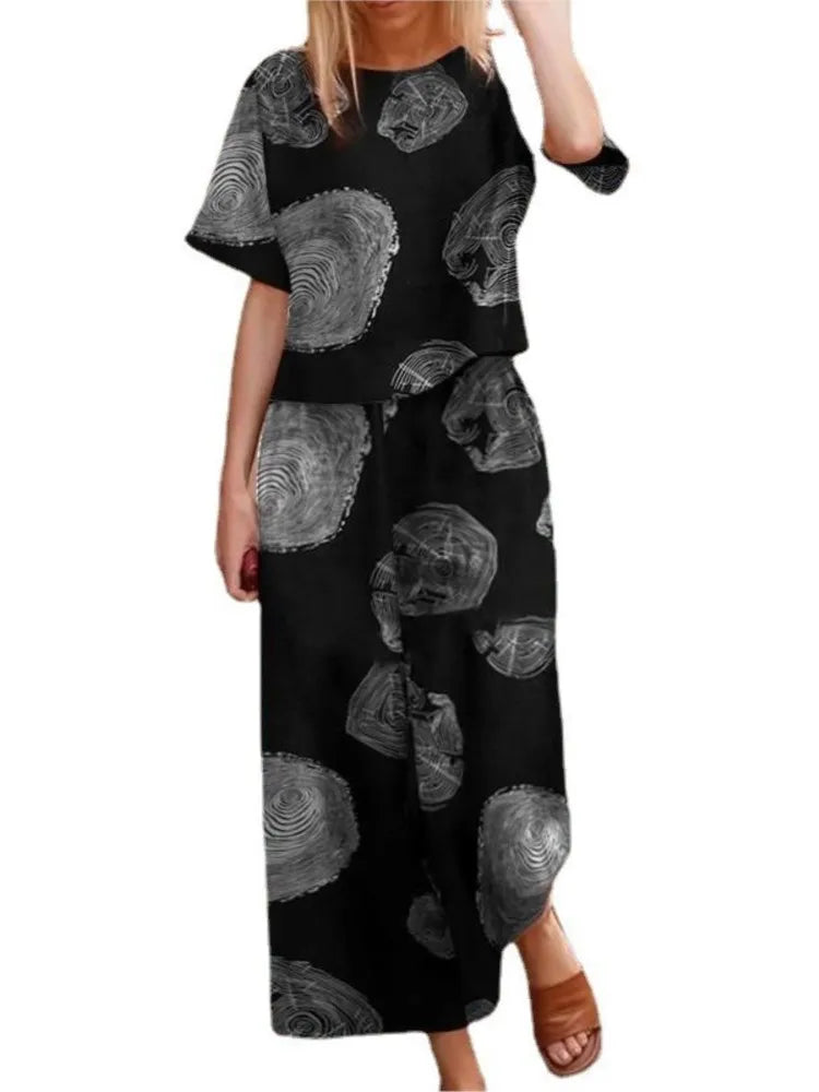 Complete Women's Vintage Printed Short Sleeve High Waist Wide Leg Pants
