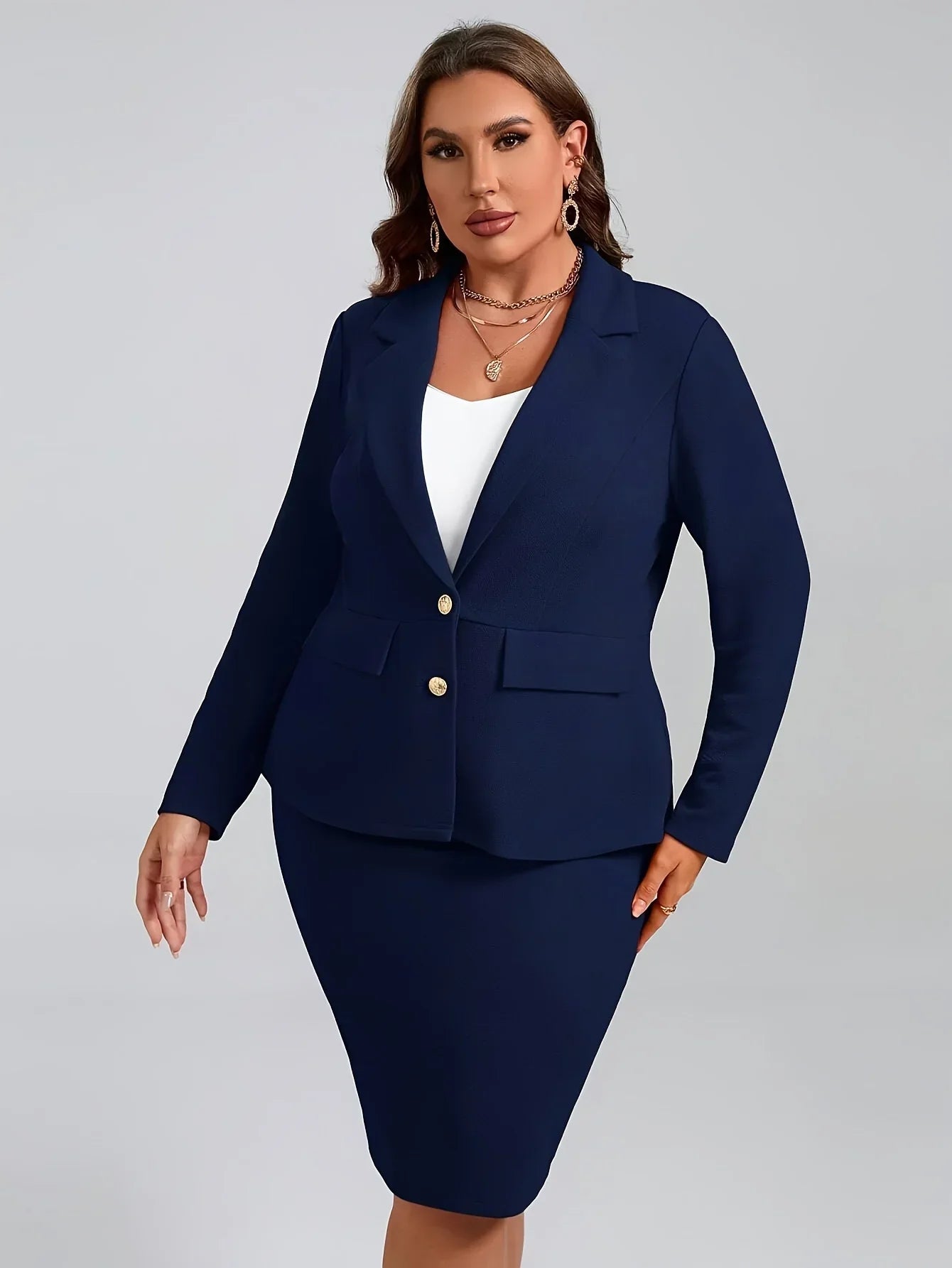 Elegant Women's Plus Size Velvet Jacket with Buttons – 2 Piece Office Suit
