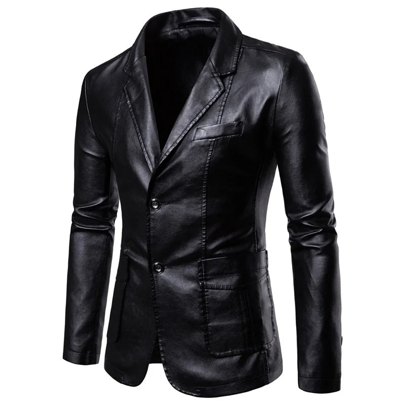 Men's Vintage Leather Slim Fit Jacket with Zip and Pockets