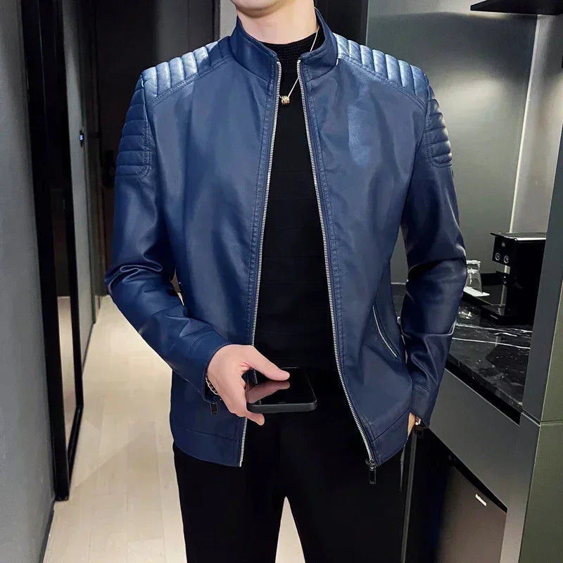 Men's Sleeveless Leather Jacket High Collar Motorcycle Bomber Winter Fashion