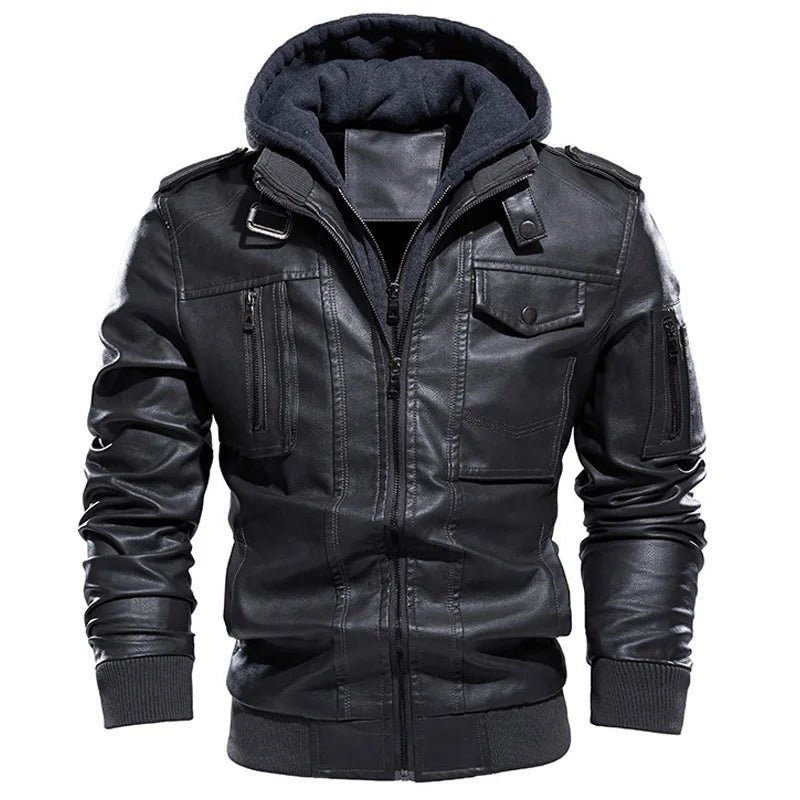 Men's Vintage Warm Leather Jacket with Hood Sleeveless Bomber Long Sleeve