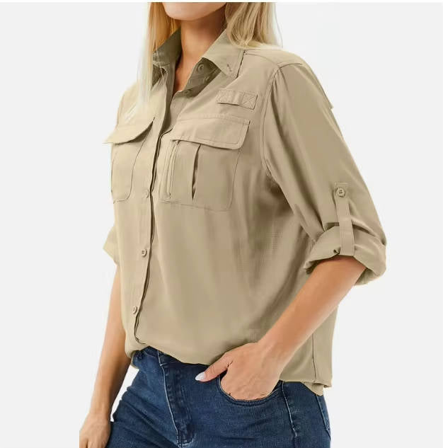 Women's UPF 50 Long Sleeve Hiking Shirt Roll-Up Safari Shirt