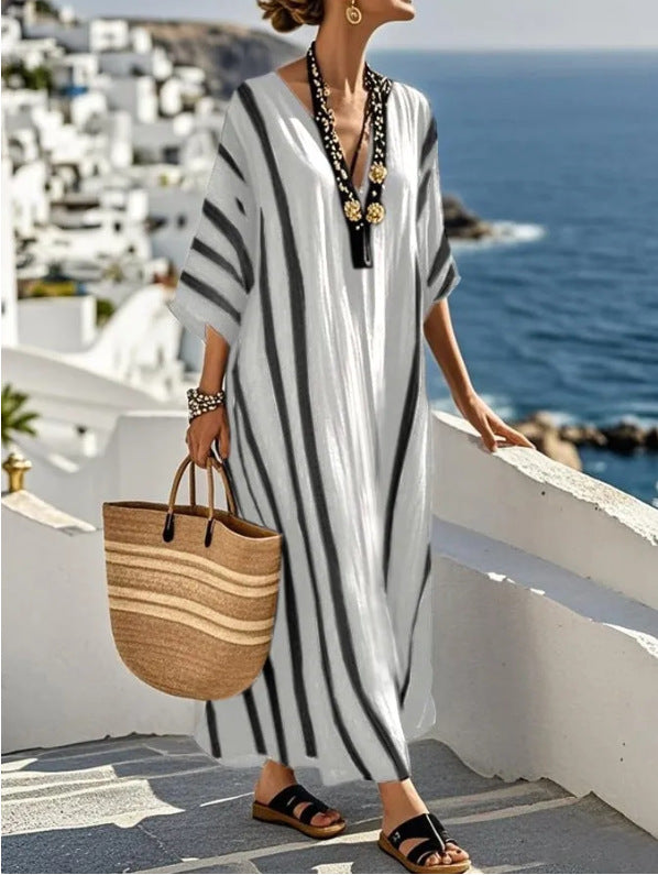 Women's Lightweight Cotton-Linen Striped Maxi Dress | Elegant Summer Kaftan Style