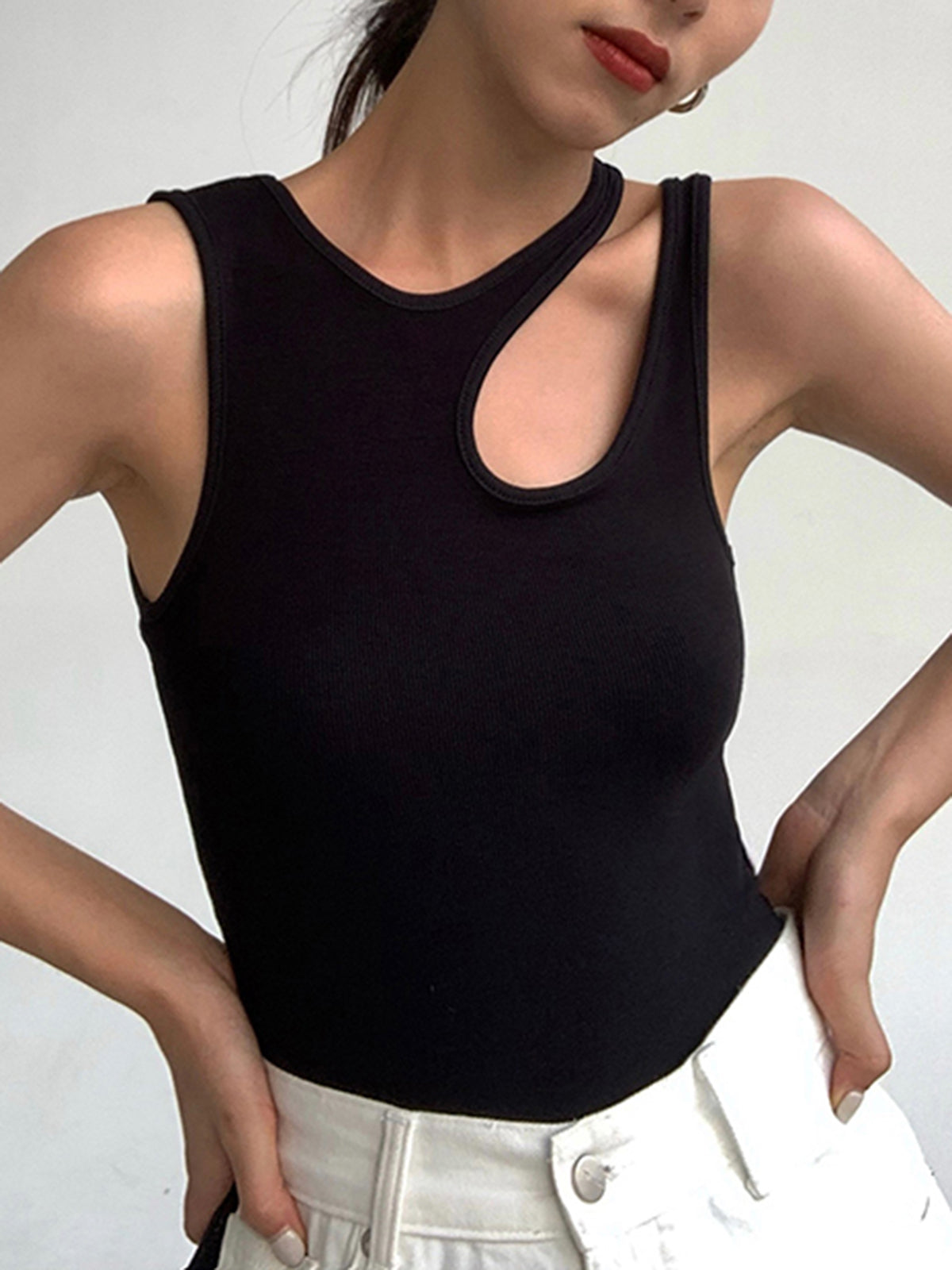 Women's Ribbed Fabric Tank Top | Stylish Asymmetrical Cutout Design