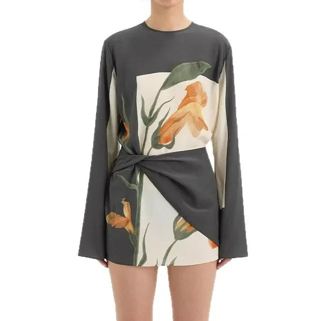Women's Silk Crepe Mini Dress | Elegant Floral Twist Design