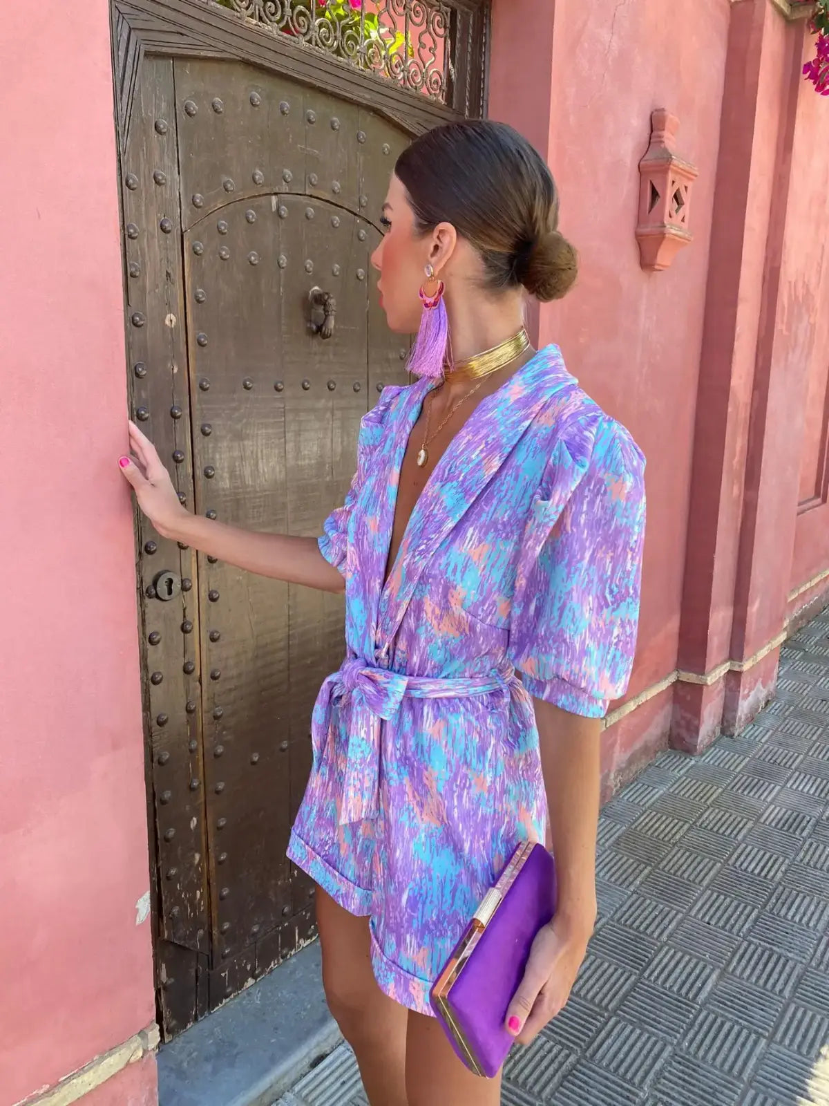 Women's Summer Printed V Neck Puff Sleeve Romper 8