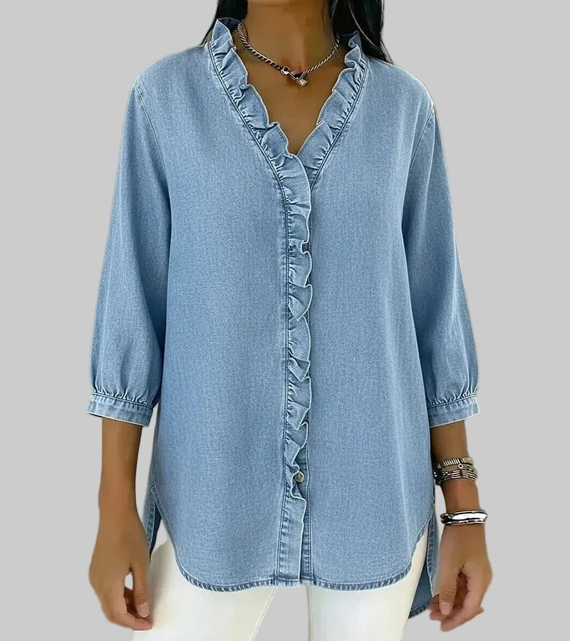 Women's Ruffle V-Neck 3/4 Sleeve Blouse