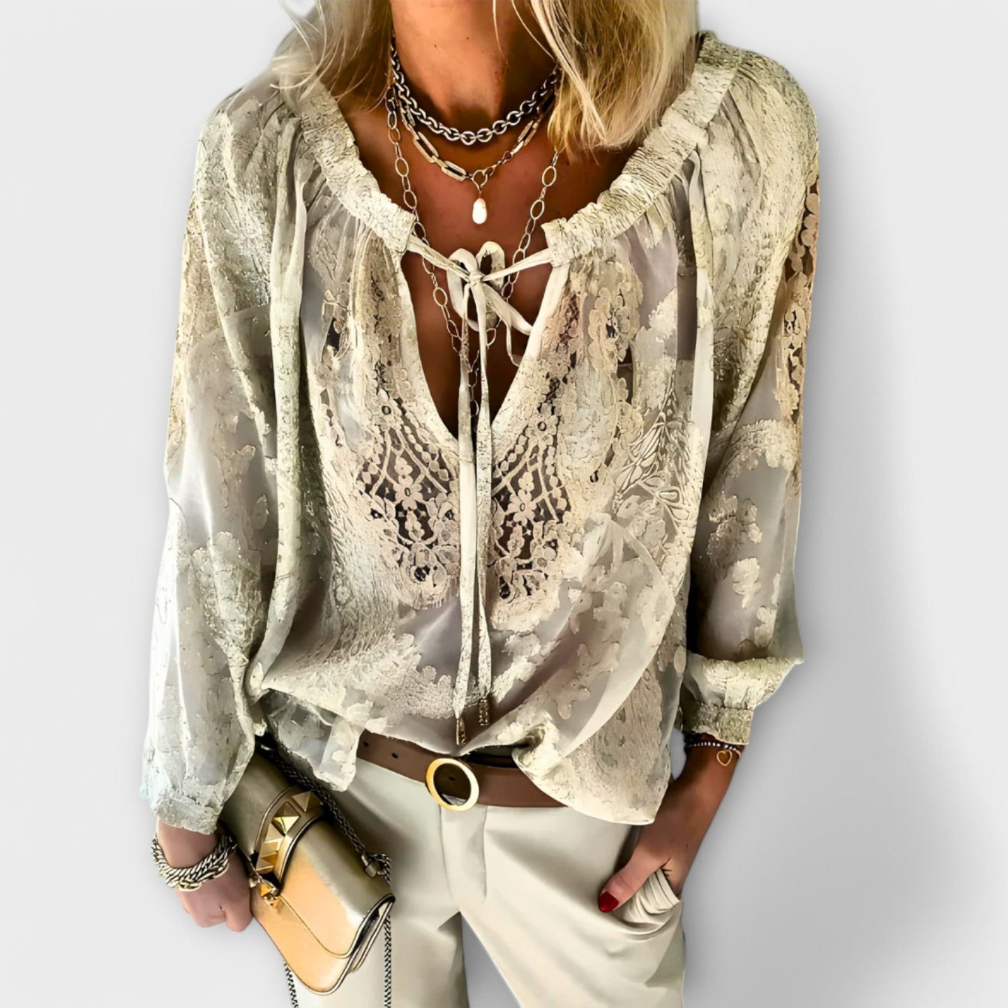 Women's Lace V-Neck Blouse Long Sleeve Boho Top