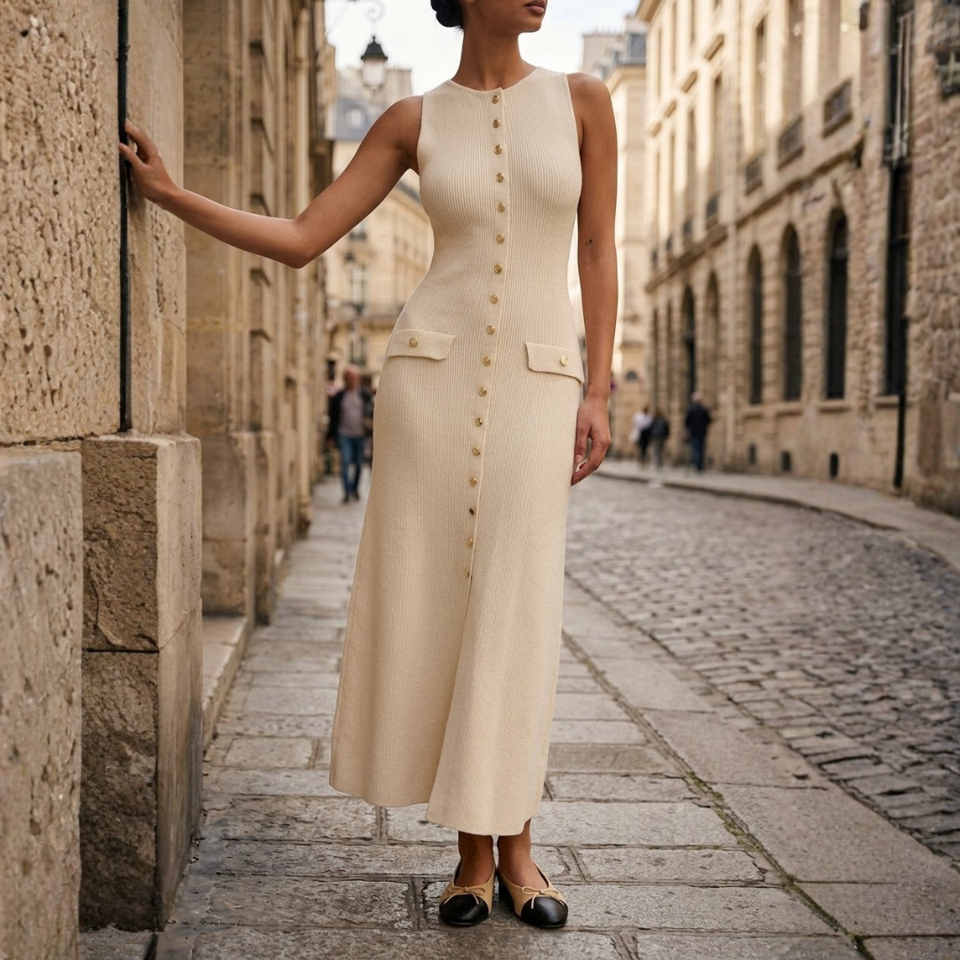 Maxi Dress for Women in Sleeveless Knit with Buttons and Slim Ribbing