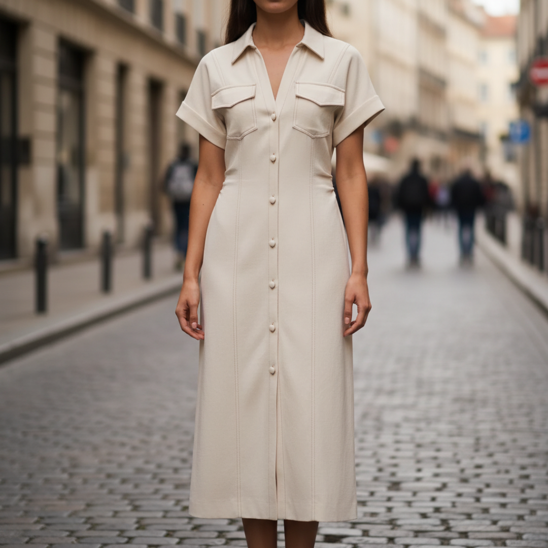 Midi Dress with Front Buttons and Applied Pockets