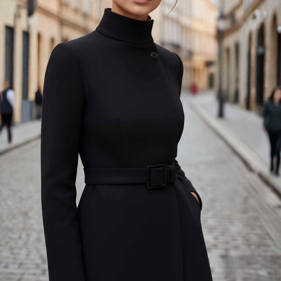 Women's Coat with High Collar and Belt