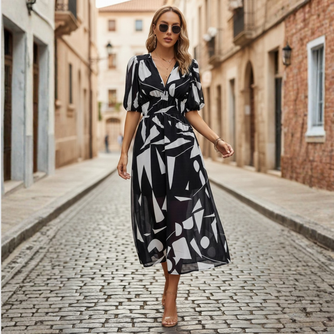Women's Midi Dress with V-Neck and Geometric Print