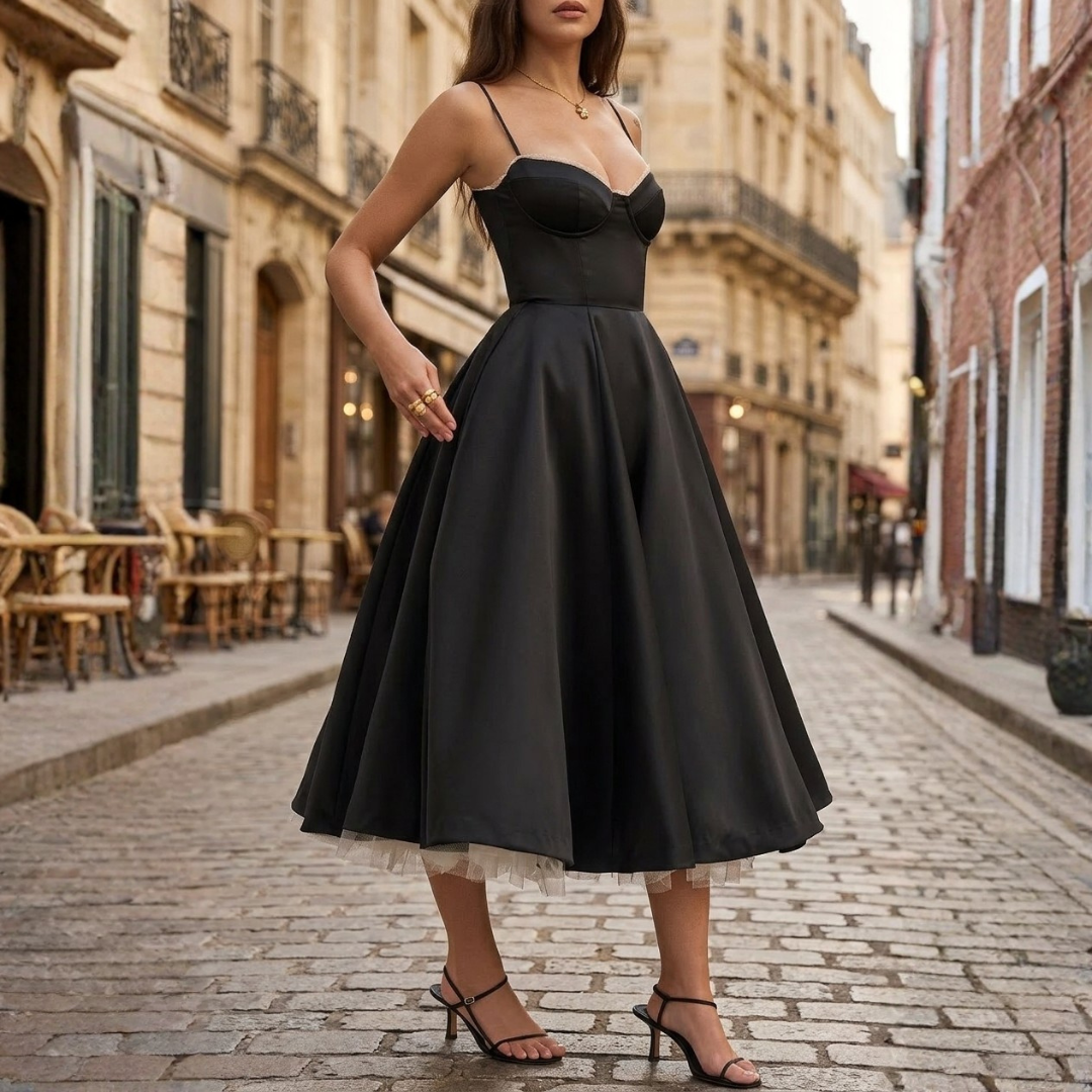 Women's Midi Dress in Satin with Structured Bodice and Straps