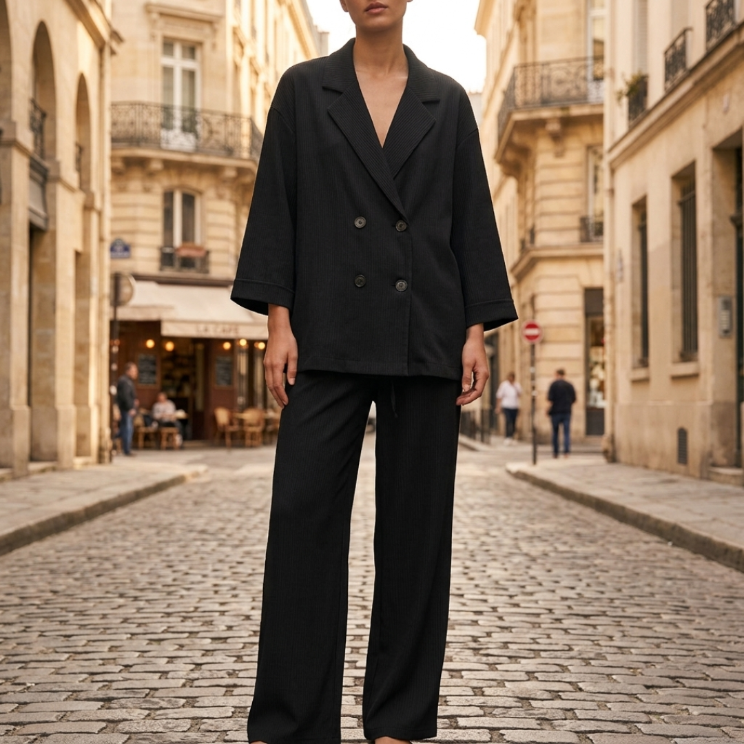 Women's Double-Breasted Blazer and Wide-Leg Pants Set