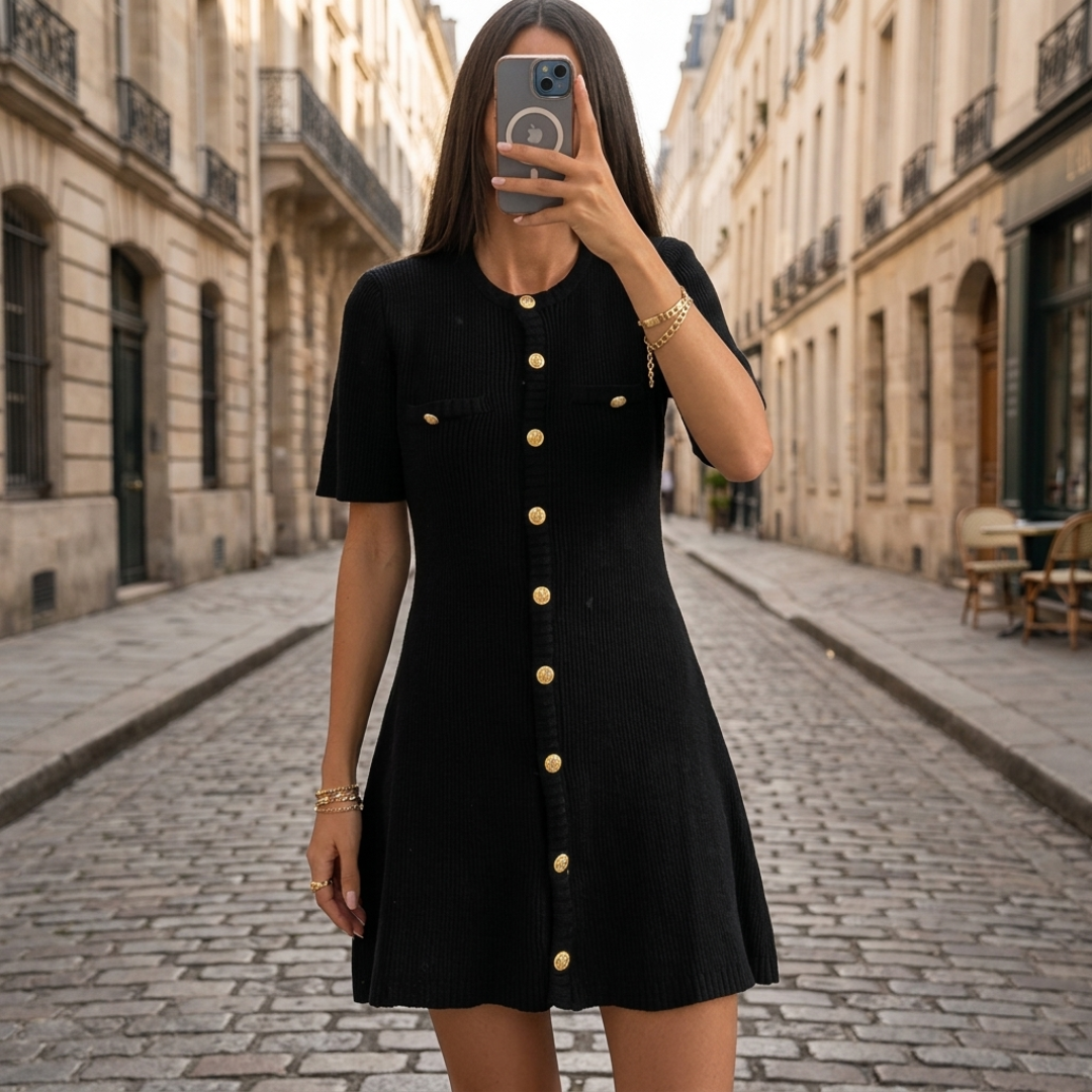 Women's Short Sleeve Knit Mini Dress with Buttons and Ribbing