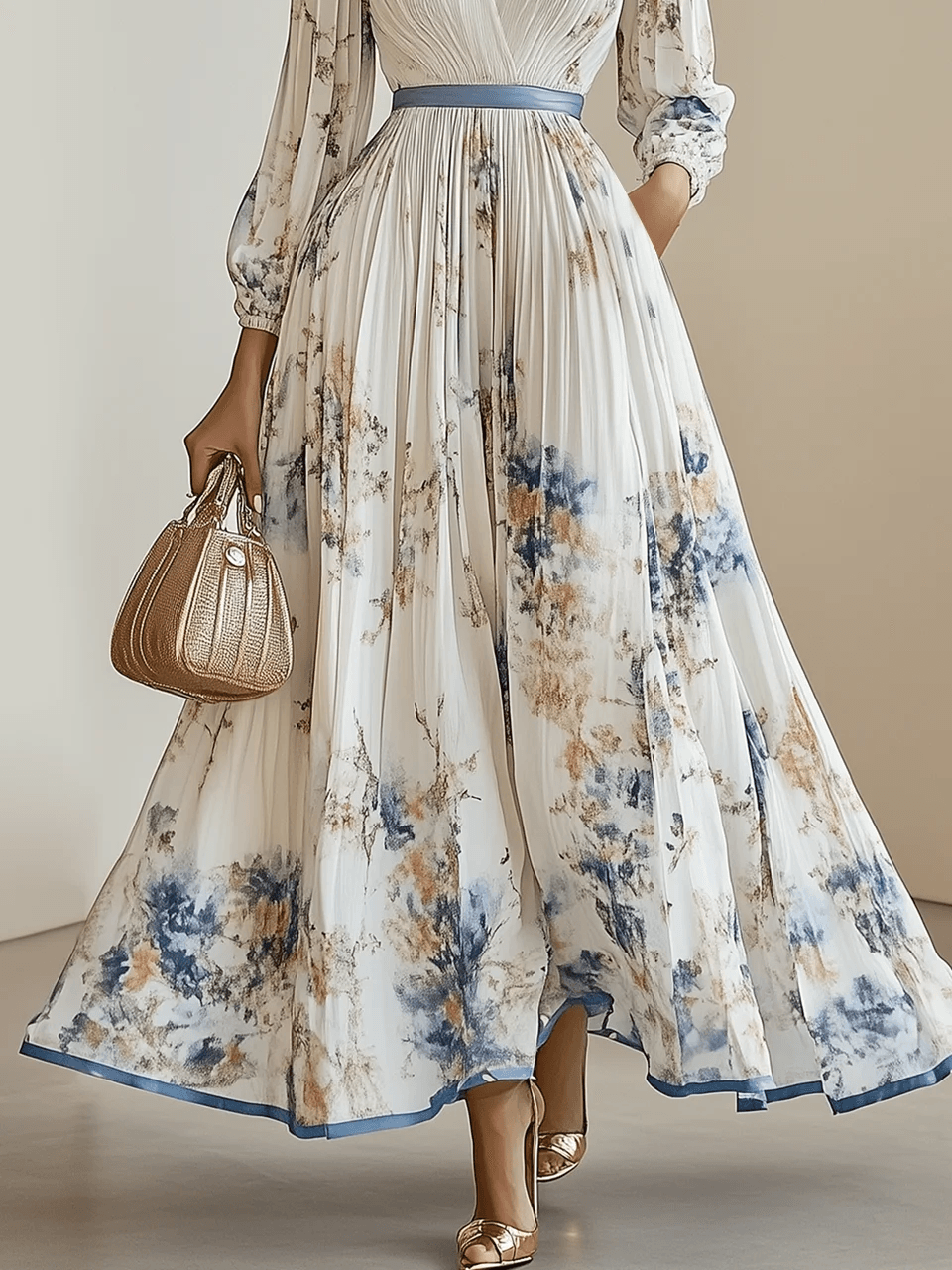 Women's Long Sleeve Floral Chiffon V-Neck A-Line Maxi Dress – Ceremony