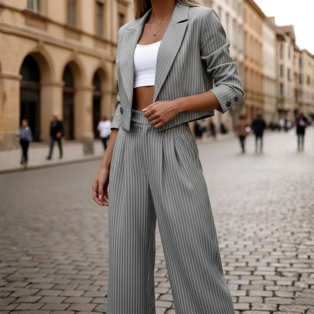 Elegant Women's Black Pinstripe Crop Blazer and Wide Leg Pants Set