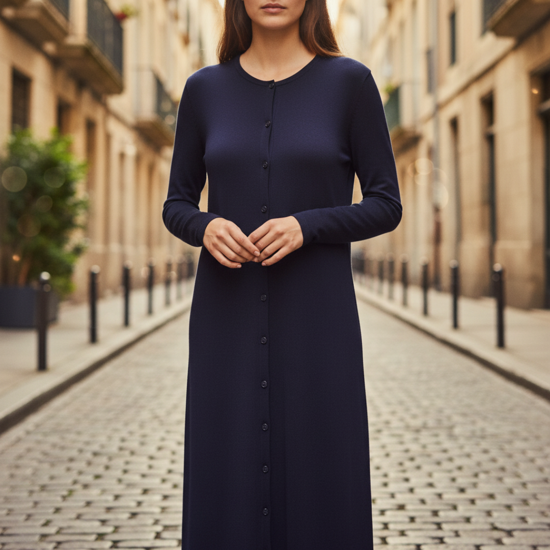 Women's Long Sleeve Maxi Dress in Ribbed Knit with Buttons