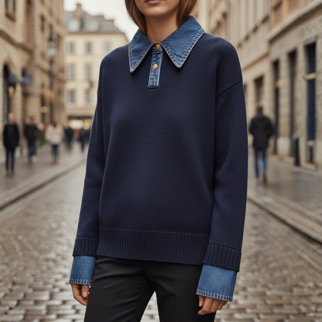 Women's Sweater with Denim Collar