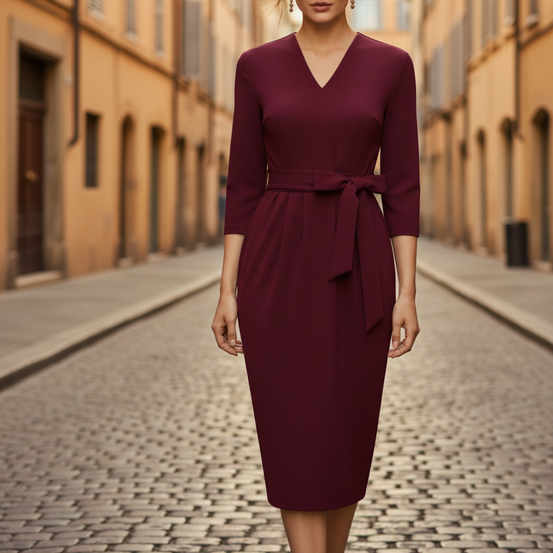 Teal Midi Dress for Women with V-Neck and Belt