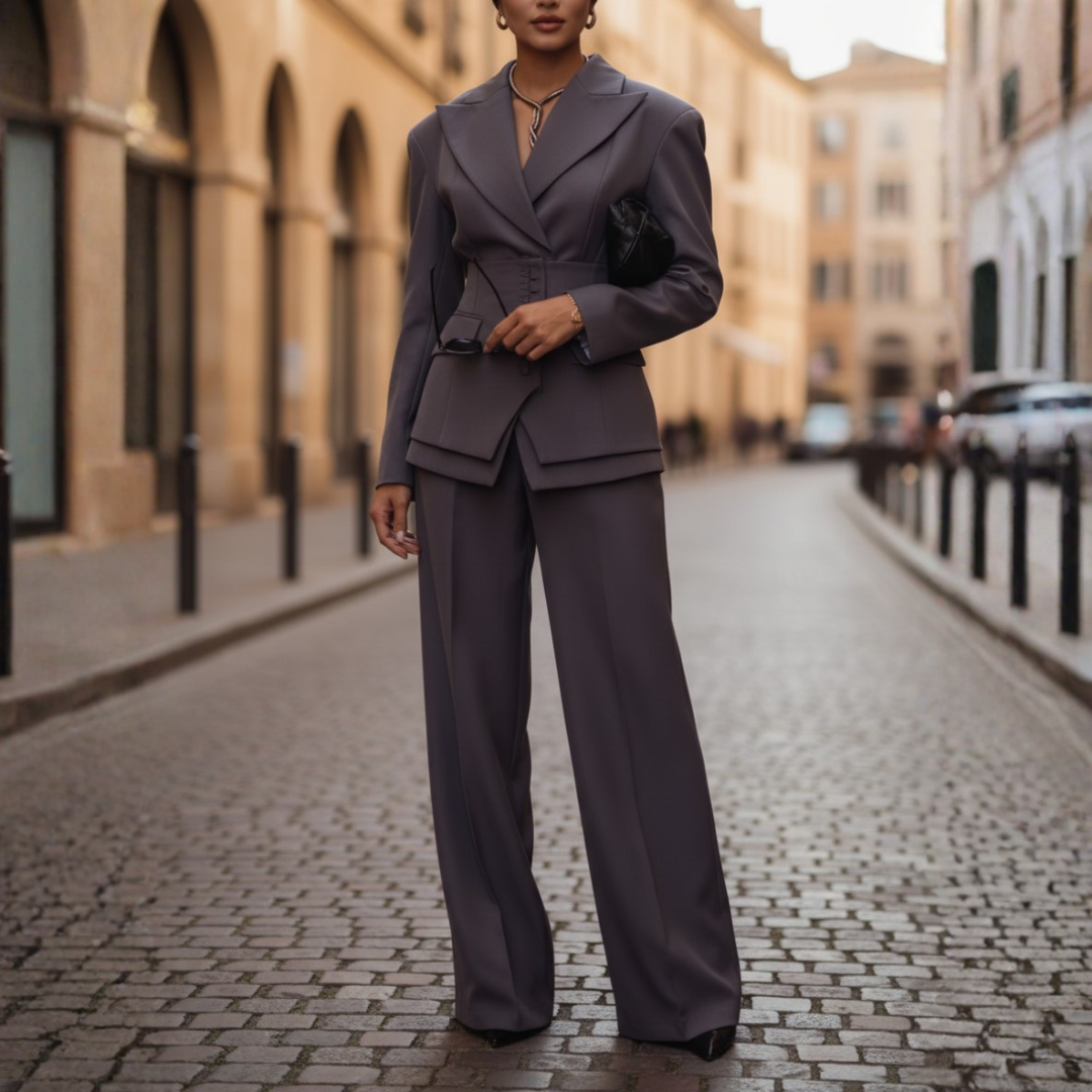 Women's Single-Breasted Blazer and High-Waisted Wide-Leg Pants Set