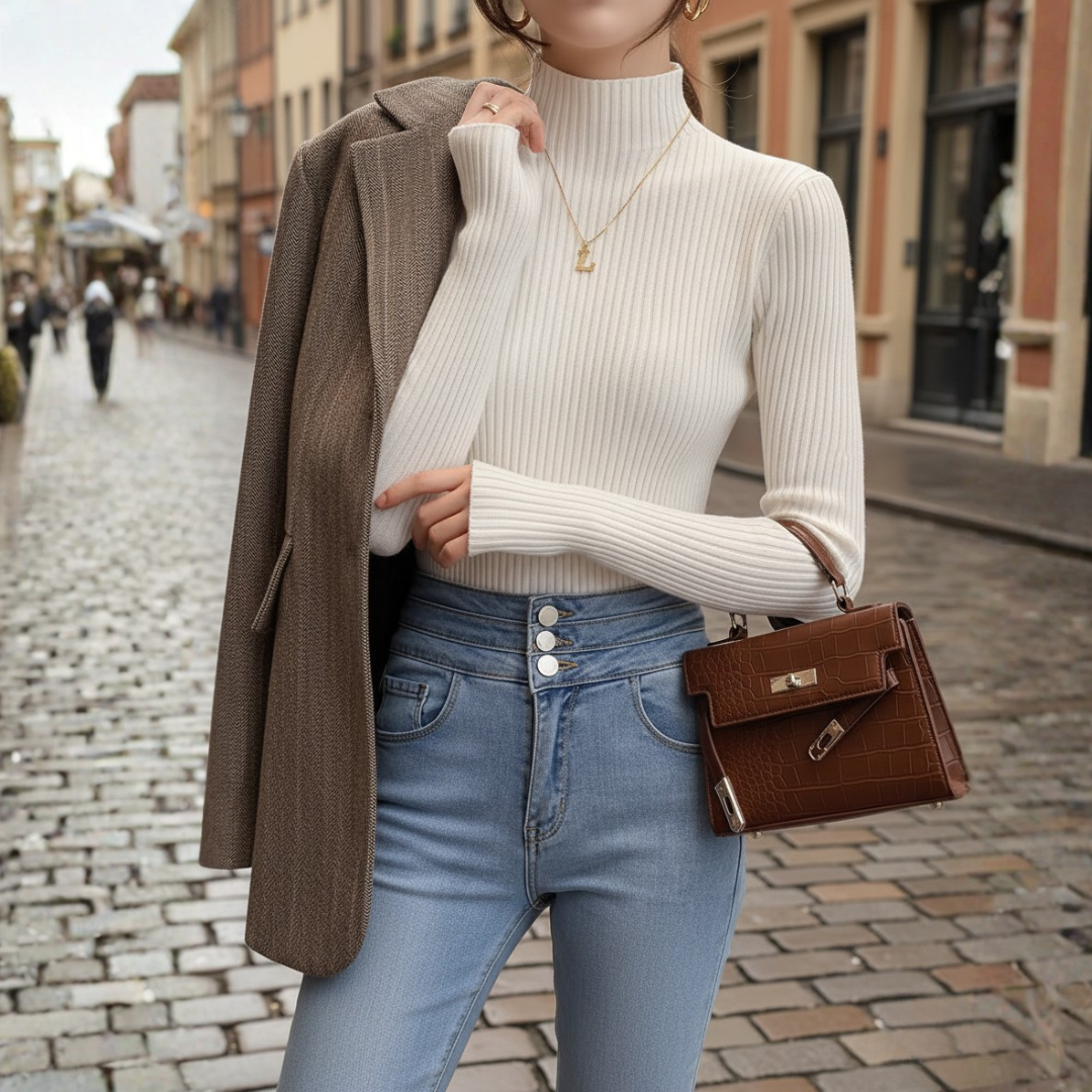 Women's Ribbed Turtleneck Sweater in Mixed Fabric