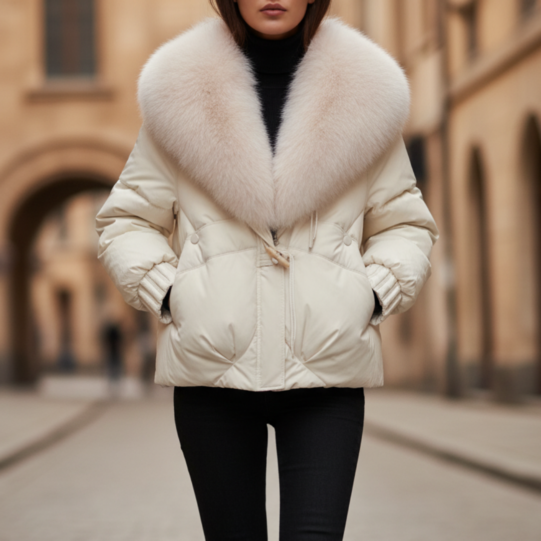 Short Winter Women's Puffer Jacket with Faux Fur Collar