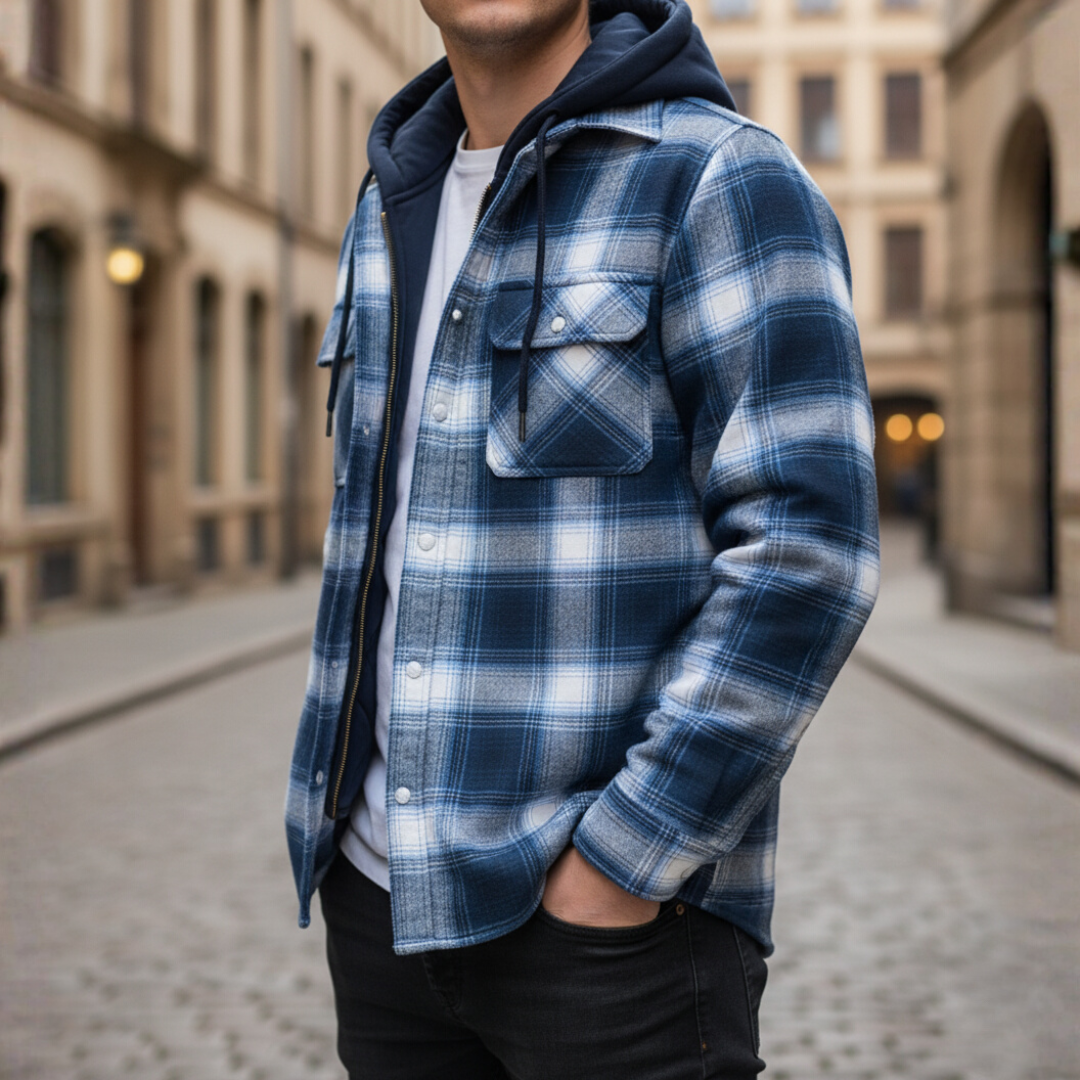 Men's Flannel Jacket with Hood and Zipper