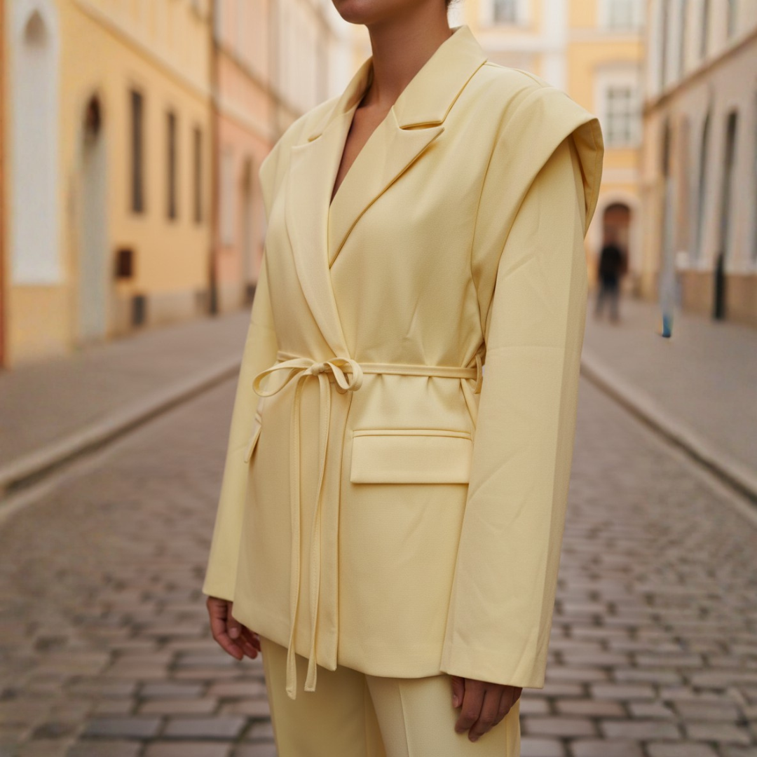 Women's Blazer Jacket with Belt and Structured Shoulders